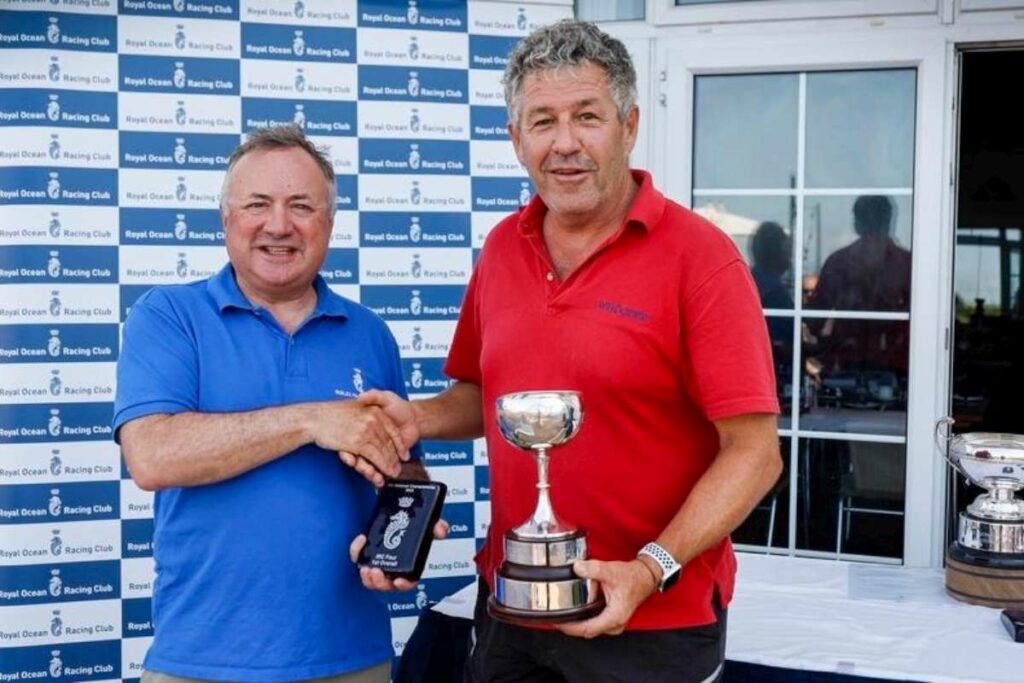 Giovanni Belgrano receives the Jackdaw Trophy from RORC Commodore James Neville for second overall in the IRC National Championships, ﻿as well as winning IRC Four © Paul Wyeth/pwpictures.com