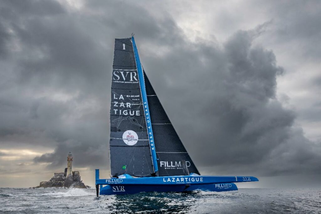 First home to Cherbourg-en-Cotentin was the François Gabart-skippered 32m Ultim trimaran SVR Lazartigue in a new record time of ﻿1 day 8 hours 38 minutes 27 seconds; 58 minutes 16 seconds © ROLEX/Carlo Borlenghi