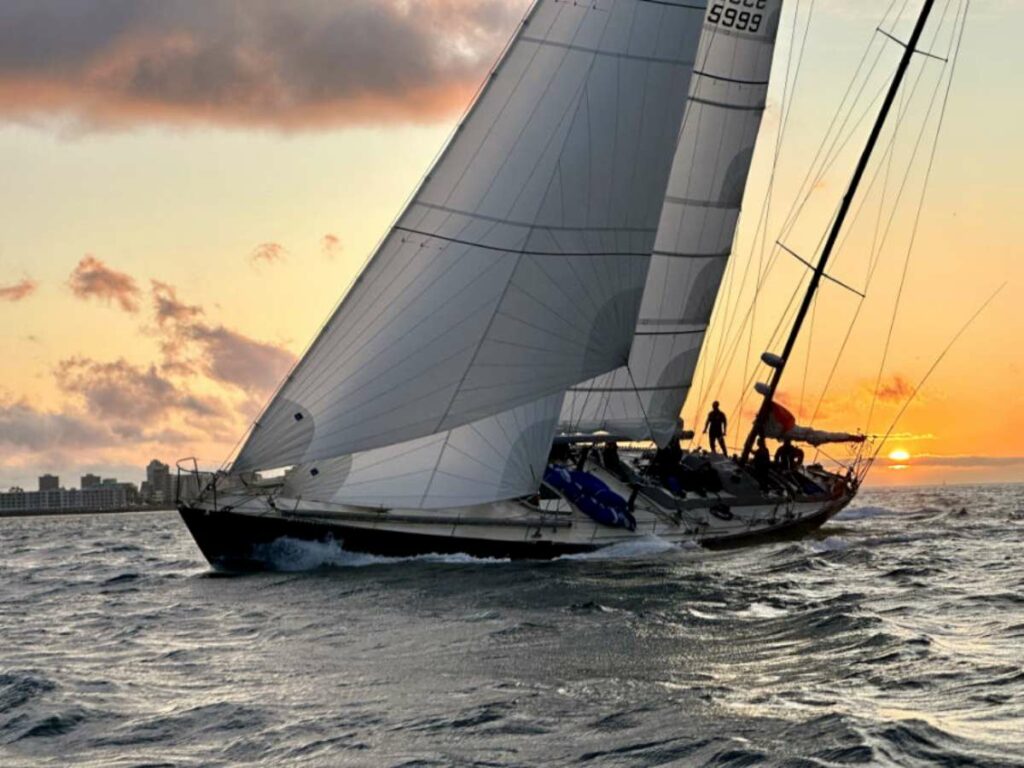 Pen Duick VI returns to Cape Town. The iconic yacht is recreating history having sailed in the 1973 Whitbread Round the World Race. Credit: OGR2023 / Rob Havill