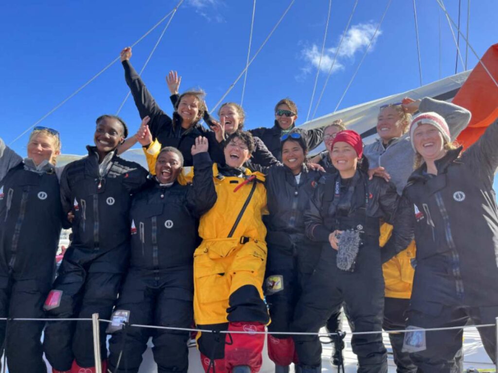 The Maiden Crew cheered on by their many supporters in Cape Town after 41 days of racing. Credit: OGR2023/Jacqueline Kavanagh