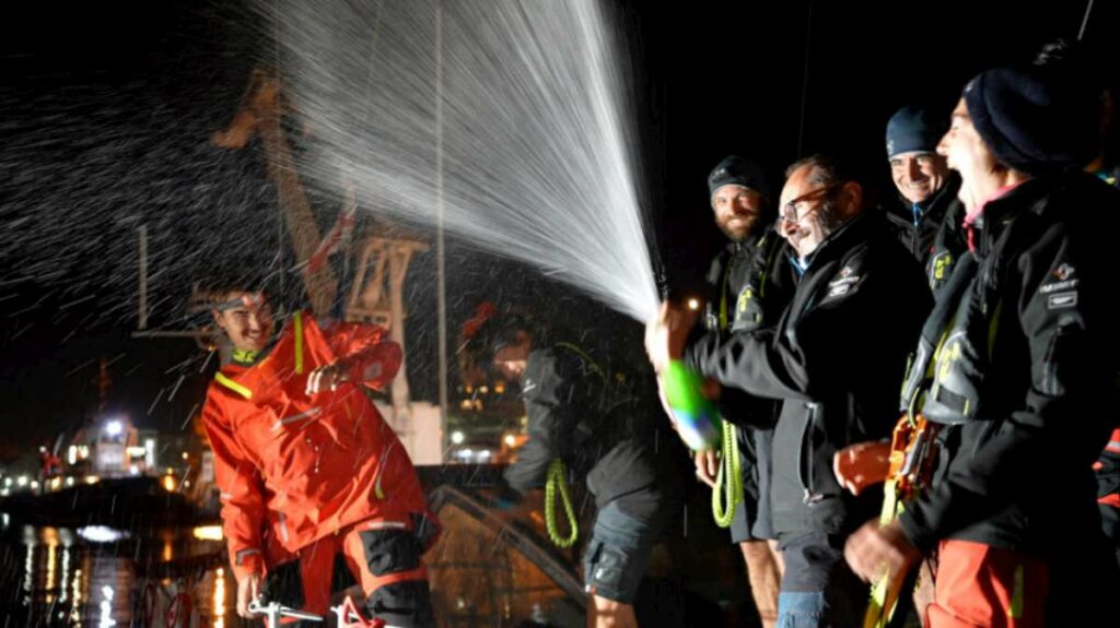 Skipper Lionel clearly delighted to be in Cape Town, finally after no winds for weeks. Credit: OGR2023 / Rob Havill