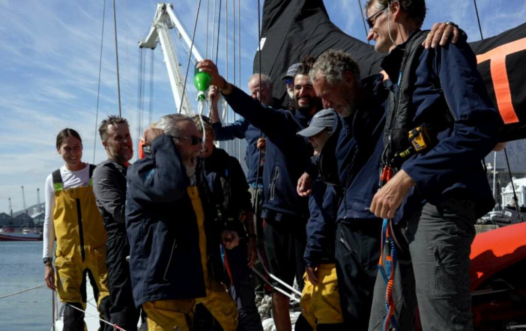 Skipper Campbell celebrates in style with OGR champagne. Credit: OGR 2023 / Rob Havill