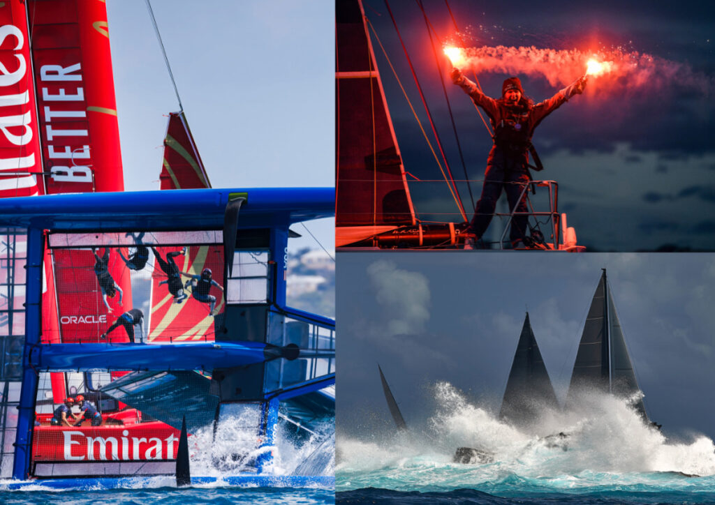 Last year's winners: - Left: Team US SailGP capsize during a practice session in the Bahamas, by Samo Vidic - Right up: Cole Brauer finishes the Global Solo Challenge in 2nd Place, by James Tomlinson - Right down: The J Class Velsheda playing with the rocks in St-Barth, by Michael Kurtz