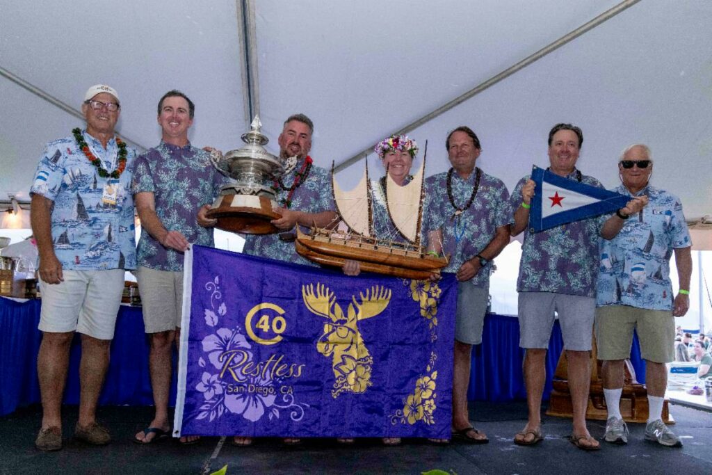 Restless, winners of one of the race's top honors: the King Kalakaua Trophy. They were also first in Bridger Insurance Division 9, first in the Aloha Class and the fastest Cal 40. © Sharon Green