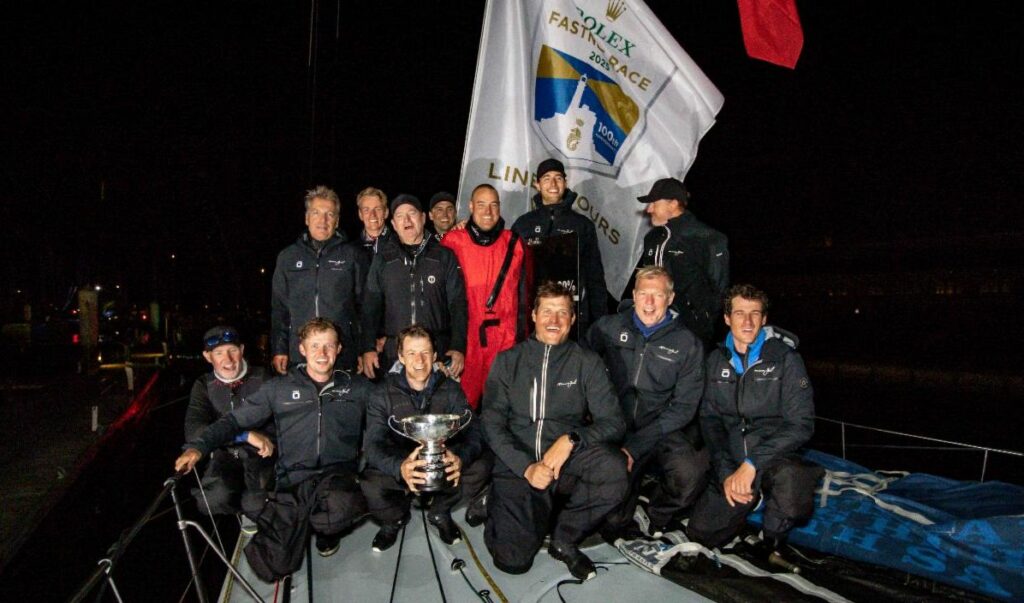 Remon Vos’ Black Jack 100 celebrates Line Honours victory in the Rolex Fastnet Race © Paul Wyeth/RORC 