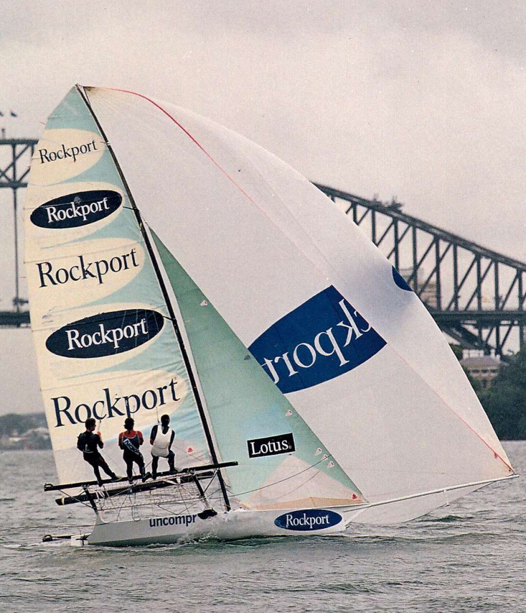 Rockport crew battles with the big spinnaker on a SE run (Frank Quealey) 1999