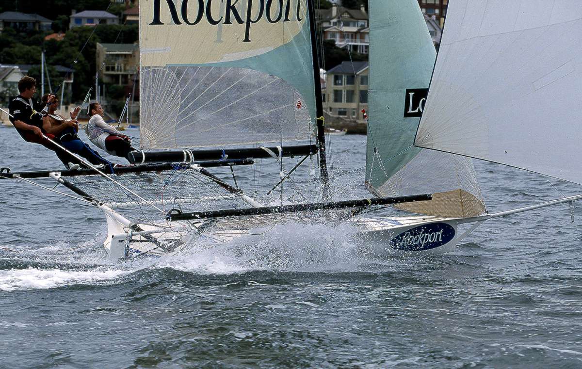 The crew drive Rockport on a two sail leg (Bob Ross)