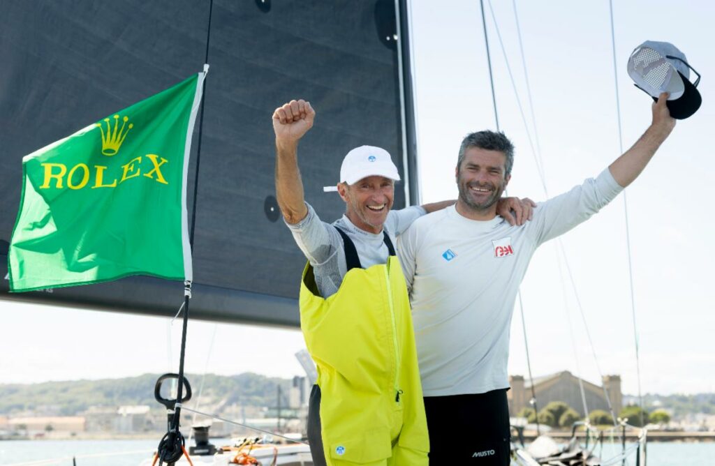 Alexis Loison and Jean-Pierre Kelbert after finishing the Rolex Fastnet Race © ROLEX/Carlo Borlenghi