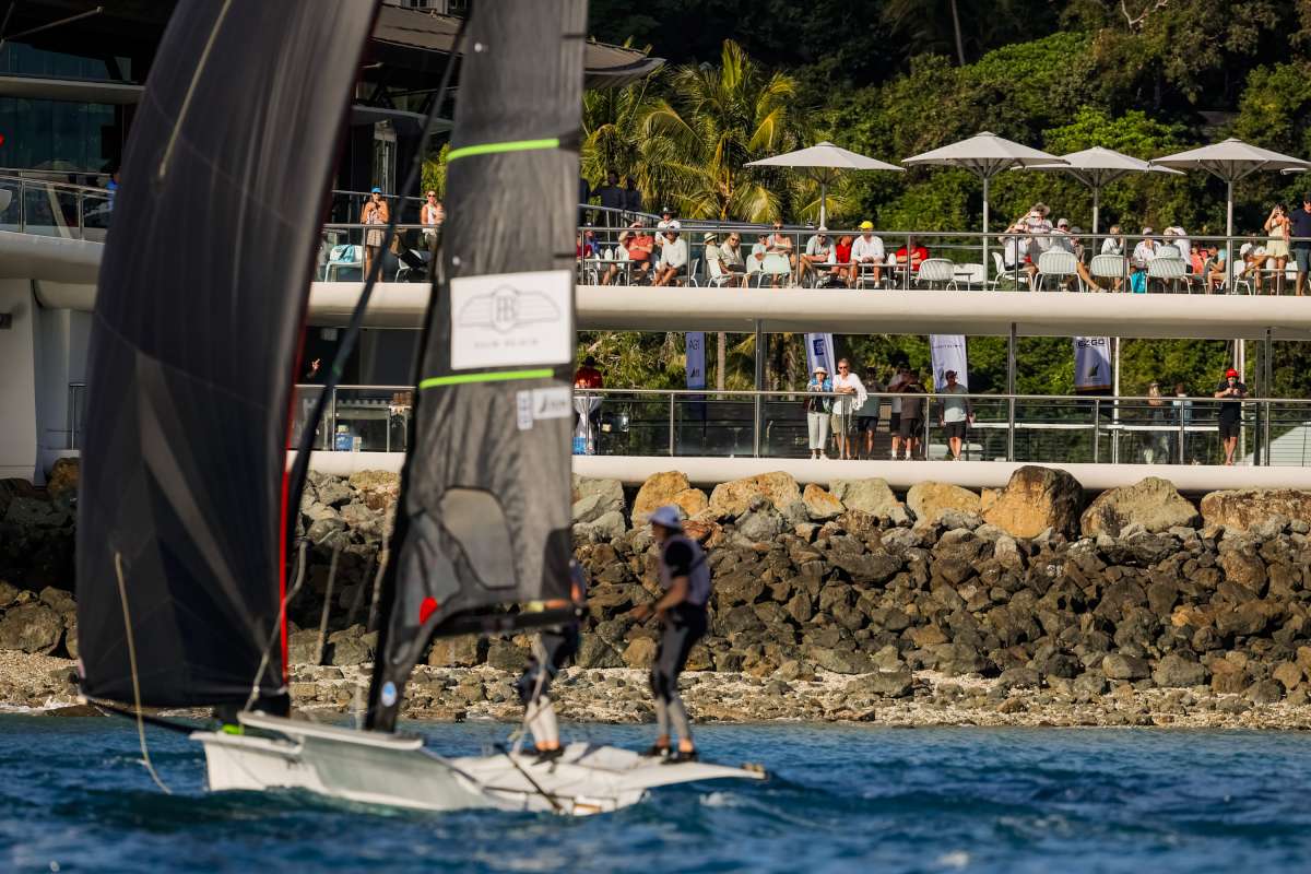 The winning Palm Beach 49er in front of the Hamilton Island Yacht Club - Hamilton Island Race Week C Salty Dingo