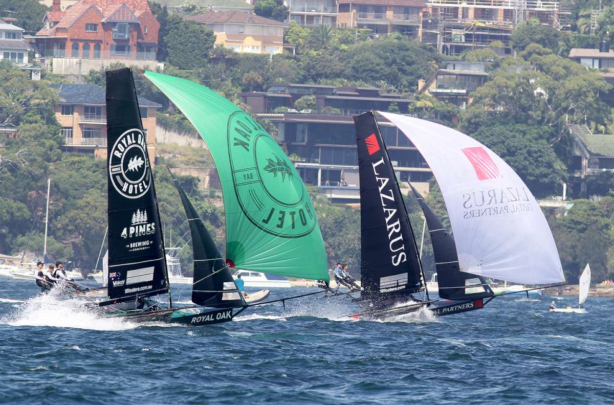 The Oak Double Bay-4 Pines racing, against Lazarus, to the wing mark in the 2023 Spring Championship (Frank Quealey)