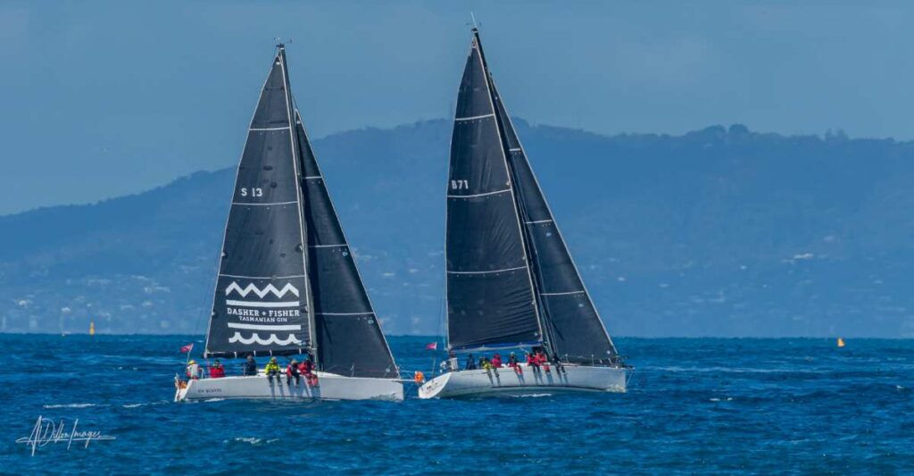 Dasher+Fisher How Bizarre (left) facing off Another Chapter in the 2024 Rudder Cup near the startline / Photo by Al Dillon