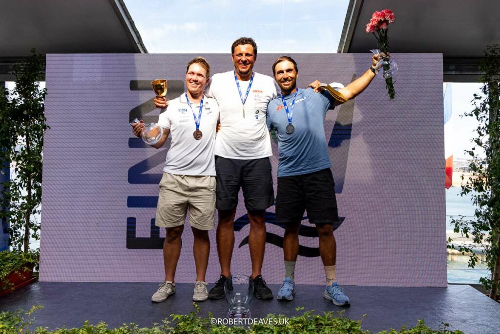 Top 3 at Finn Gold Cup in Cascais - Credit Robert Deaves