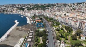 The Louis Vuitton 38th America's Cup Race Village along the Viale Francesco Caracciolo with view on the racecourse on the Bay of Naples. (Artist's impression.)