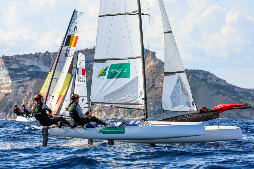 Brin Liddell and Rhiannan Brown move up to 6th at the 2025 49er, Fx, Nacra 17 Worlds - Credit Sailing Energy