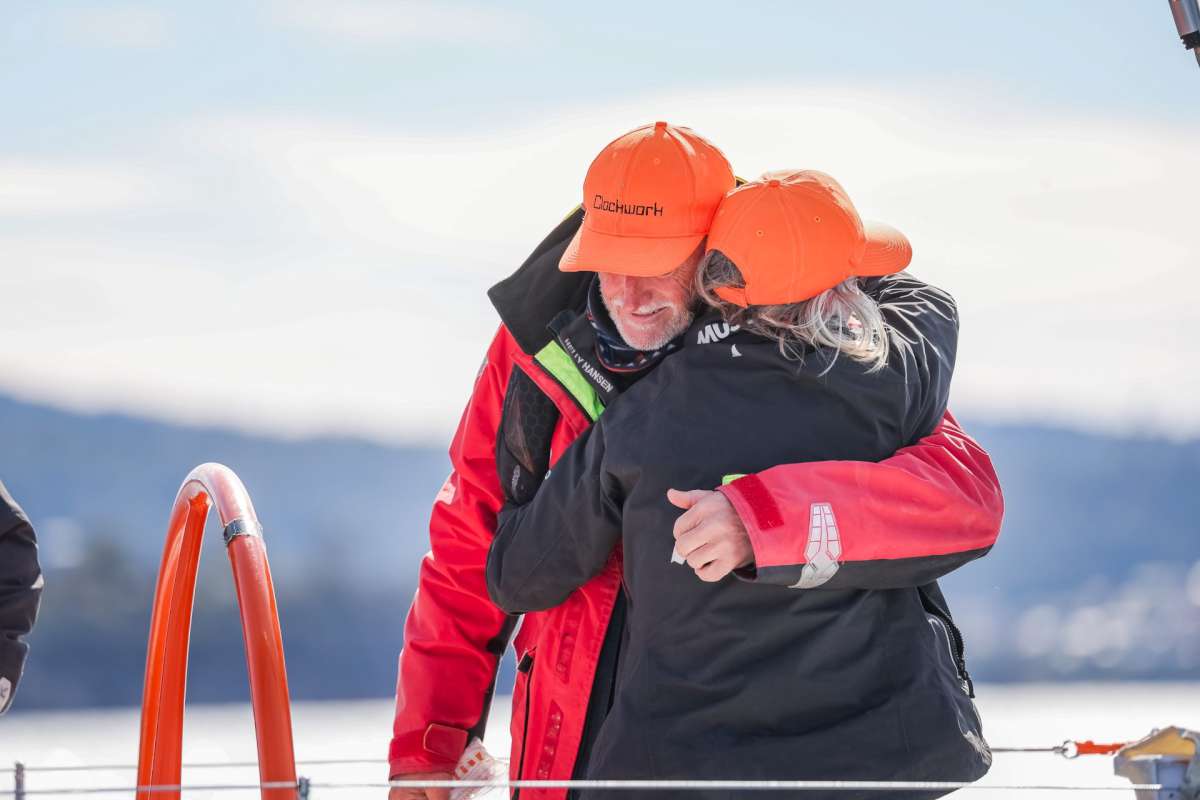 Andrew and Mary Ann embracing after completing their Hobart race in 2024 Photo by Salty Dingo