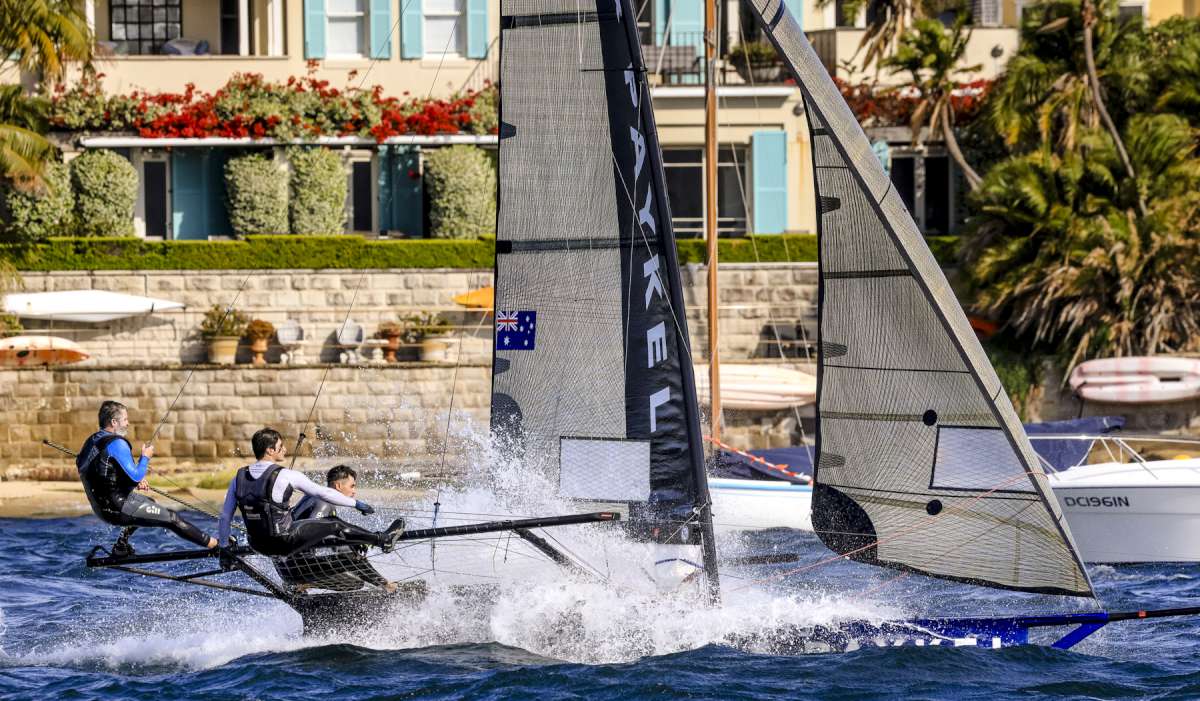 Fisher & Paykel heads to the finish line off Double Bay in Race 2 (SailMedia)