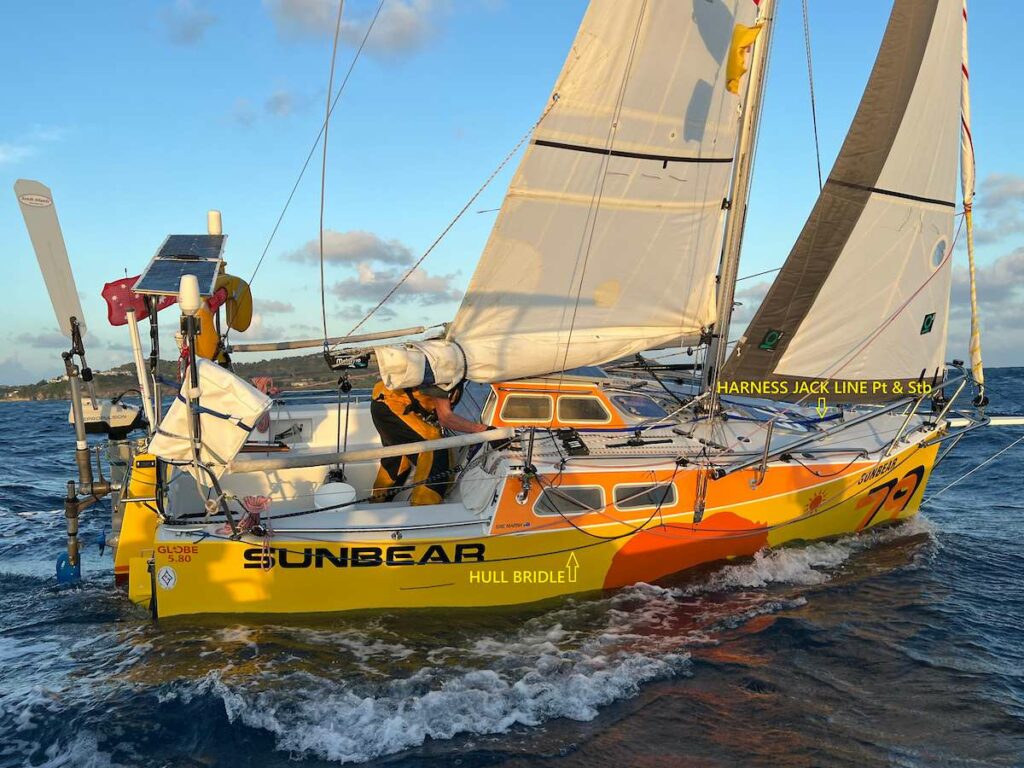 Swept overboard by a rogue wave, veteran sailor Eric Marsh clawed his way back to SUNBEAR just before reaching Mauritius. Credit: Don McIntyre / MGR2025