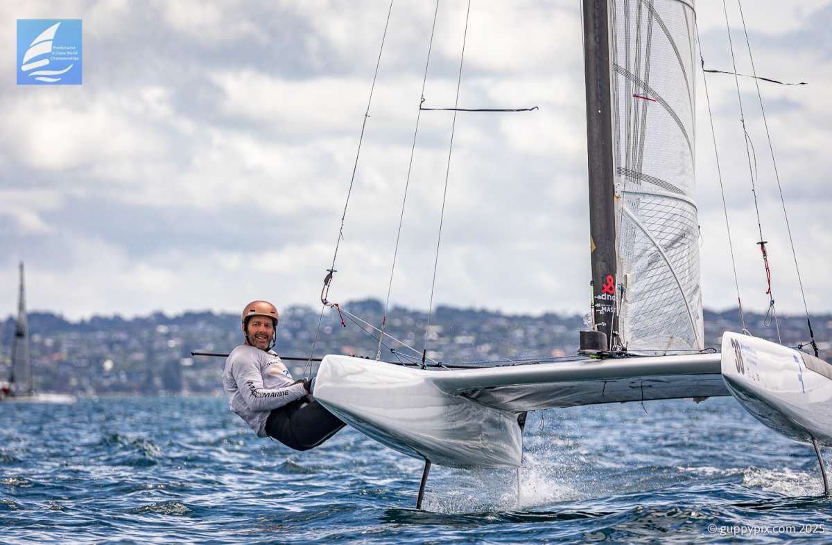 Kiwi Home Ace, Dave Shaw NZL 270, destroys the fleet with his foiling wind whispering abilities to claim the bullet in Race two.