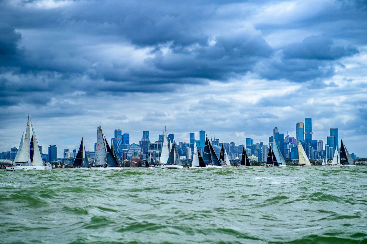 Almost 80 boats on the start line of the 2025 Cock of the Bay Yacht Race. Photo Credit Michael Currie