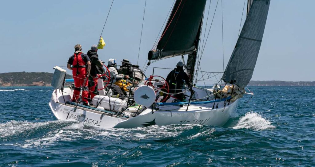 The Jackal approaching the rounding mark before exiting Port Phillip Heads to claim the Port Phillip Sea Pilot’s Trophy. Photo credit Al Dillon