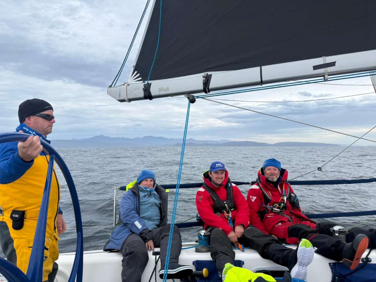 Karl Civil on the helm of Faster Forward in the 2025 Westcoaster with Glenda Pillifeant, Sam Wines and Drew Morgan. Photo credit Matt Fahey