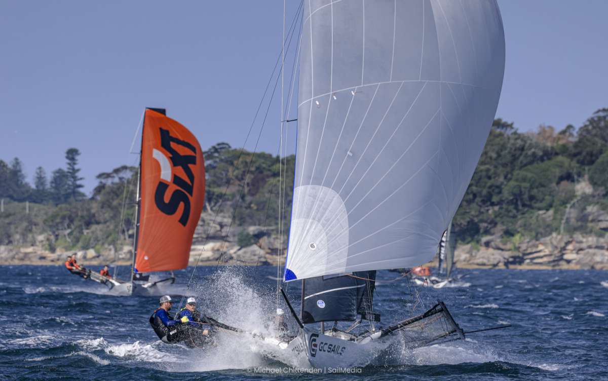 GC Sails leads Sixt down the run before capsizing in Race 1 (SailMedia)