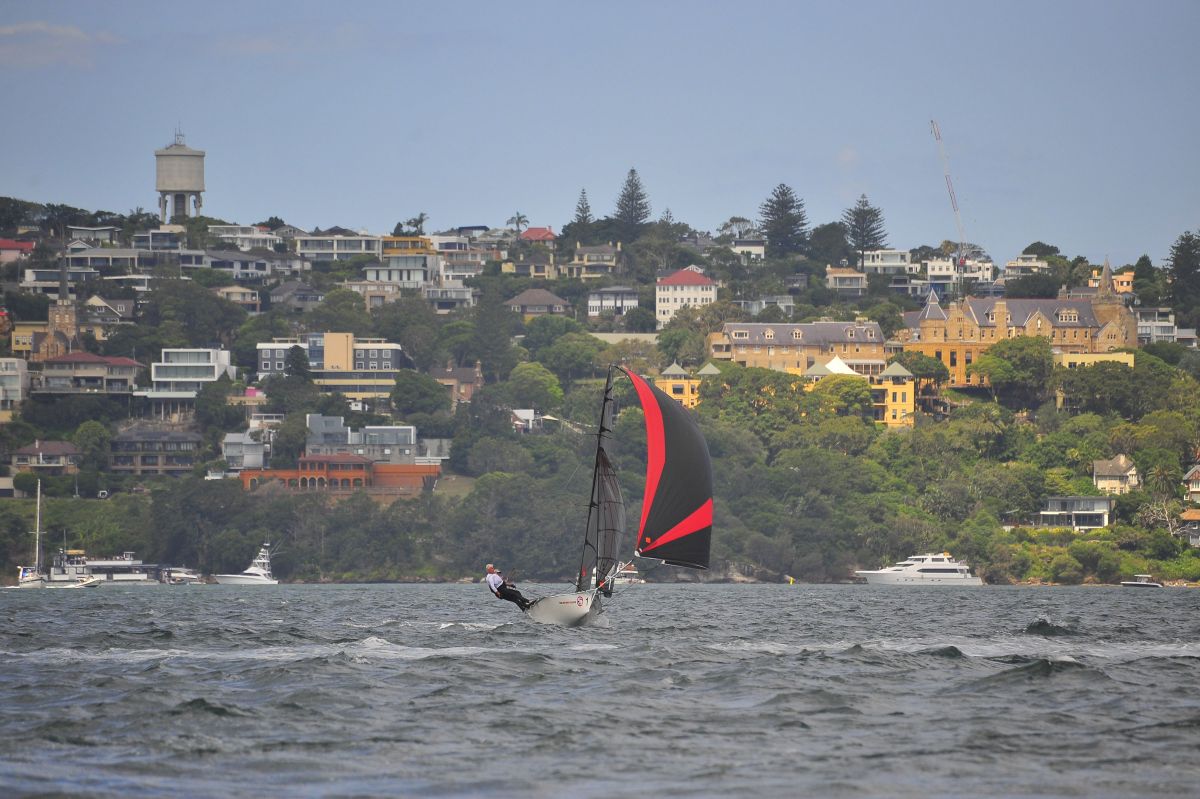 Red Energy had a good crack - pic courtesy 12ft Skiffs