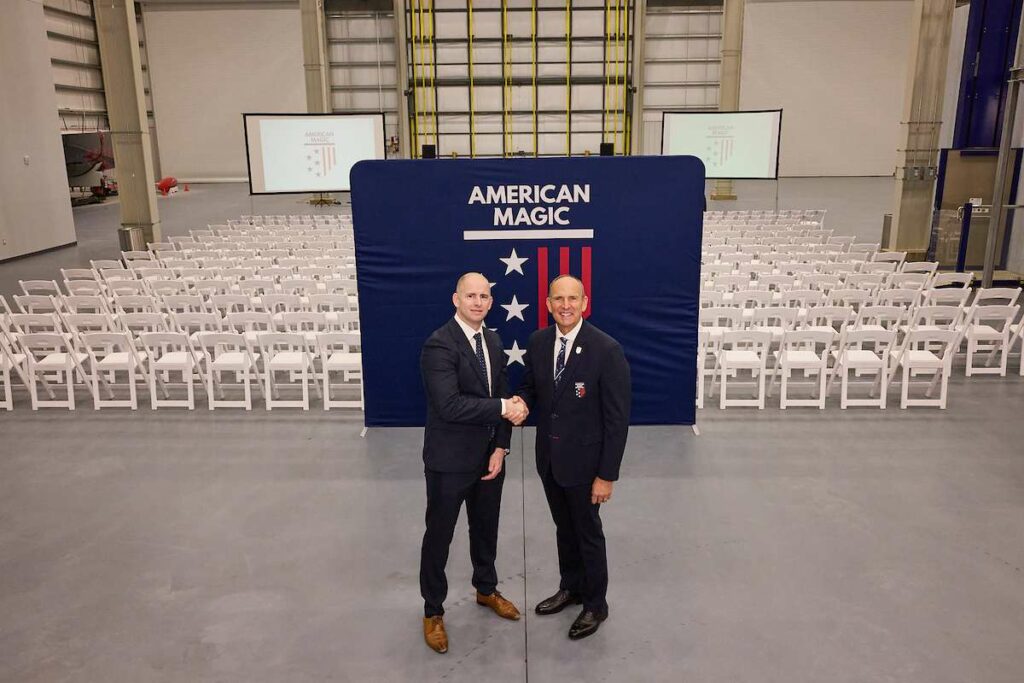 SailGP Managing Director Andrew Thompson and American Magic co-founder Doug DeVos at new Pensacola training facility