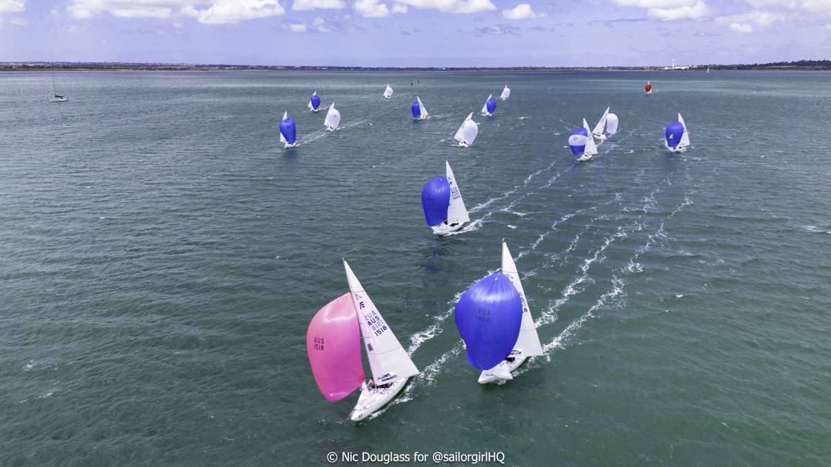 Flying Higher AUS1518 passes Matilda AUS1488 on the last leg in Race 6 to snatch the win - Credit - Sunset Media - @sailorgirlhq