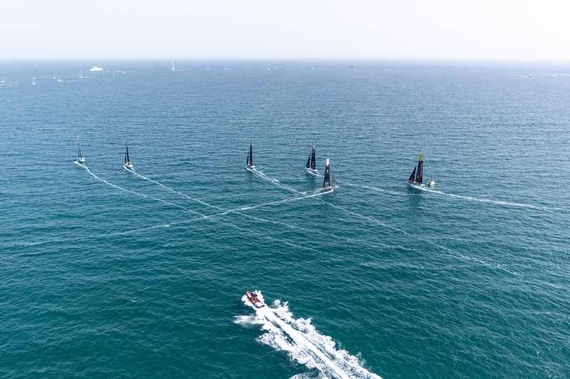 AC40 fleet racing during the Preliminary Regatta in Vilanova i la Geltrú, 2023 in the lead-up to the Louis Vuitton 37th America's Cup