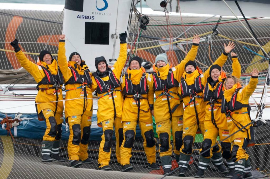 Arrival of Alexia Barrier and his crew of The Famous Project CIC Dee Caffari, Annemieke Bes, Deborah Blair, Molly LaPointe, Támara Echegoyen, Stacey Jackson and Rebecca Gmür Hornell – aboard the Maxi Trimaran IDEC Sport off Ouessant, after the Jules Verne Trophy, a non-stop crewed round-the-world race, in Brest on January 26, 2026. Photo © Lloyd / Jmliot Images / CIC