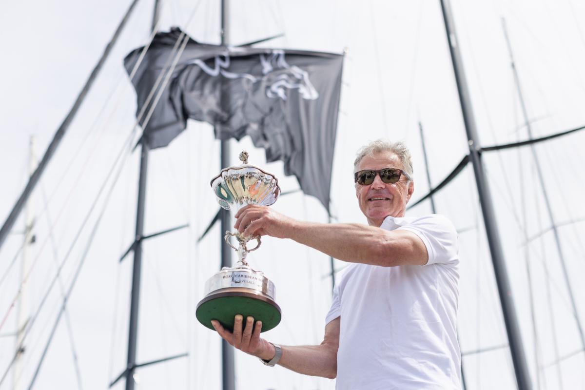 Joost Schuijff with the RORC Caribbean 600 Trophy for the winner of IRC Overall © Arthur Daniel