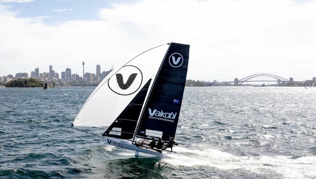 An iconic sight, 18ft skiff Vaikobi on a NE spinnaker run (SailMedia)
