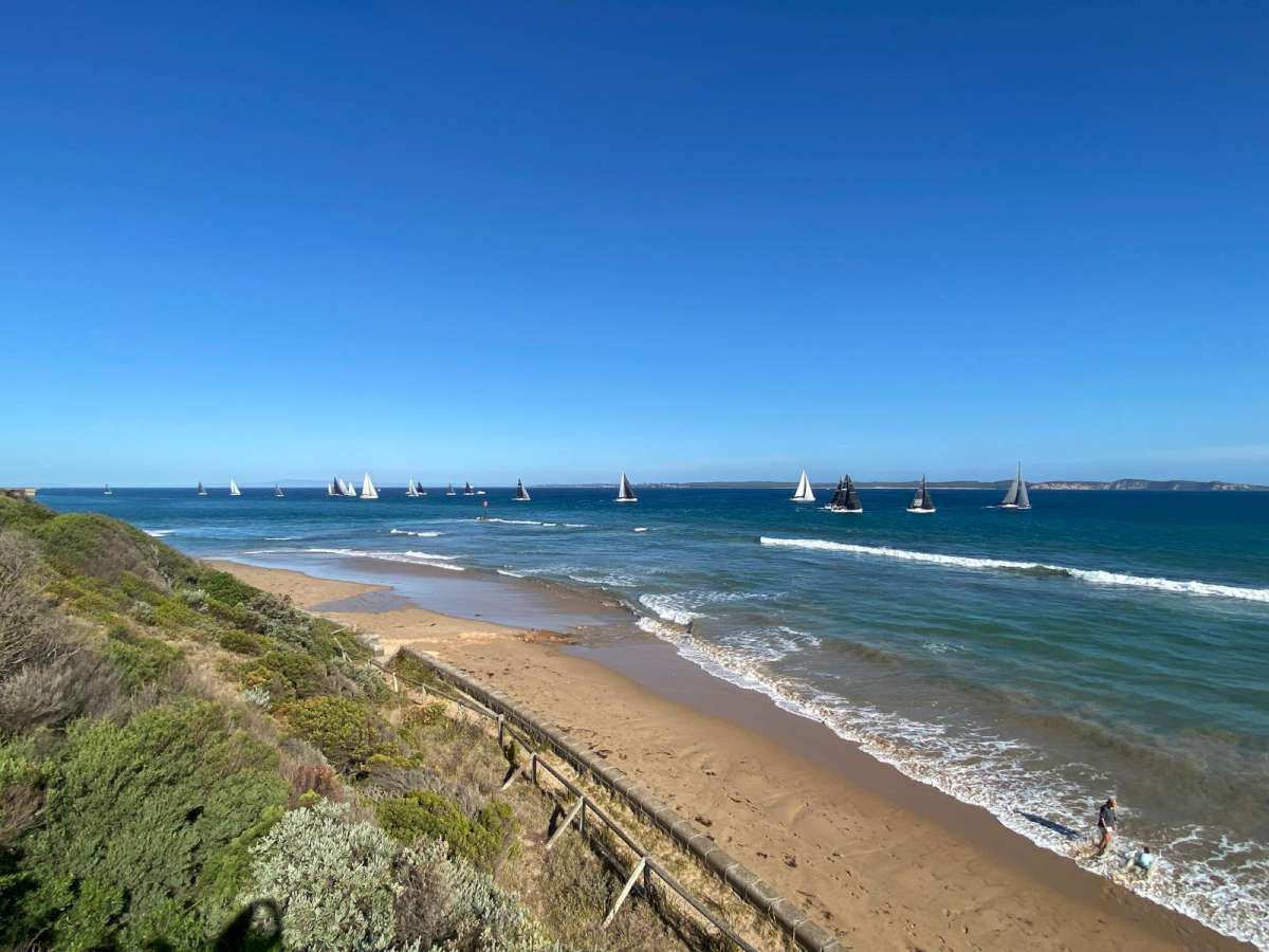 The fleet had glamour sailing conditions for the start of the 2026 Melbourne to King Island Yacht Race Photo credit David Schuller