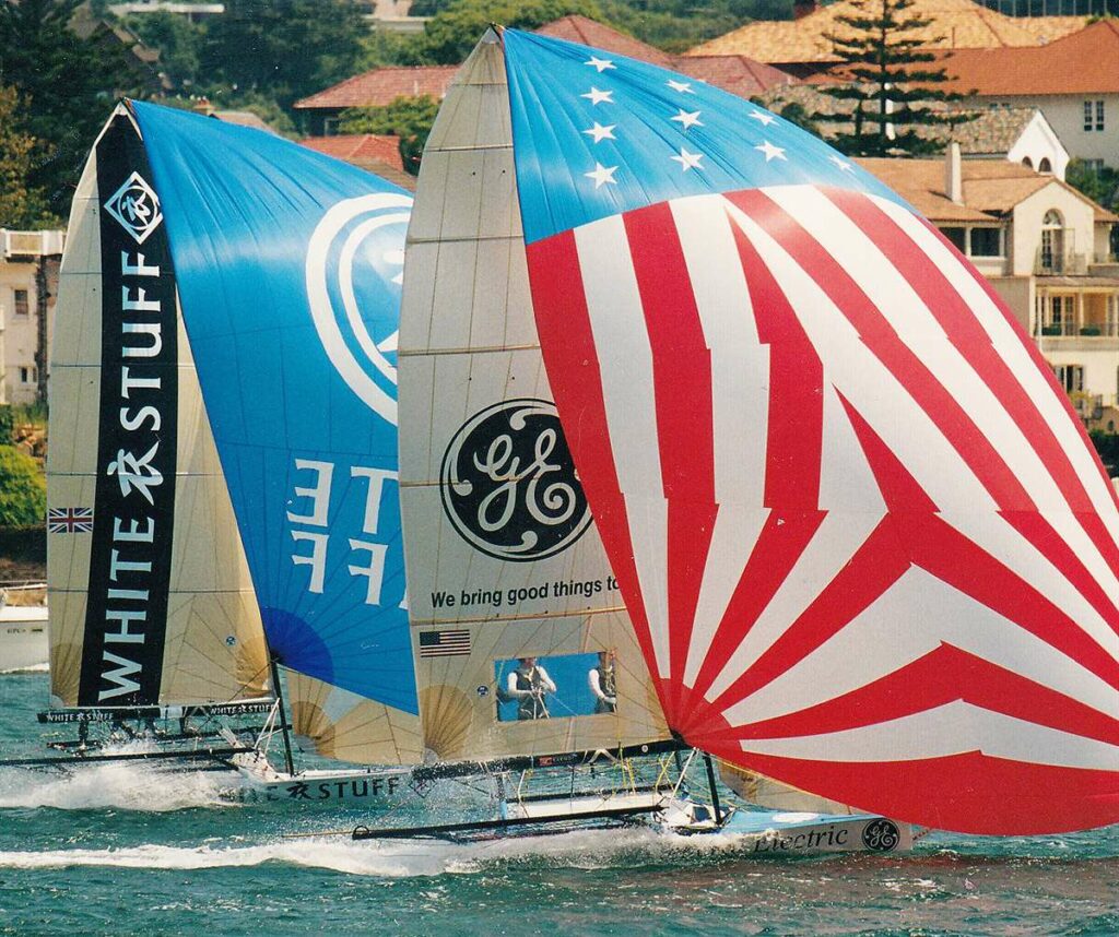Howie Hamlin's Giltinan World champion GE-US Challenge racing against a UK competitor on Sydney Harbour (Frank Quealey)