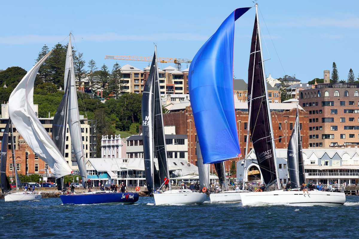Newcastle-Port Stephens Race 2026_KD4 with blue kite won IRC in the feeder race