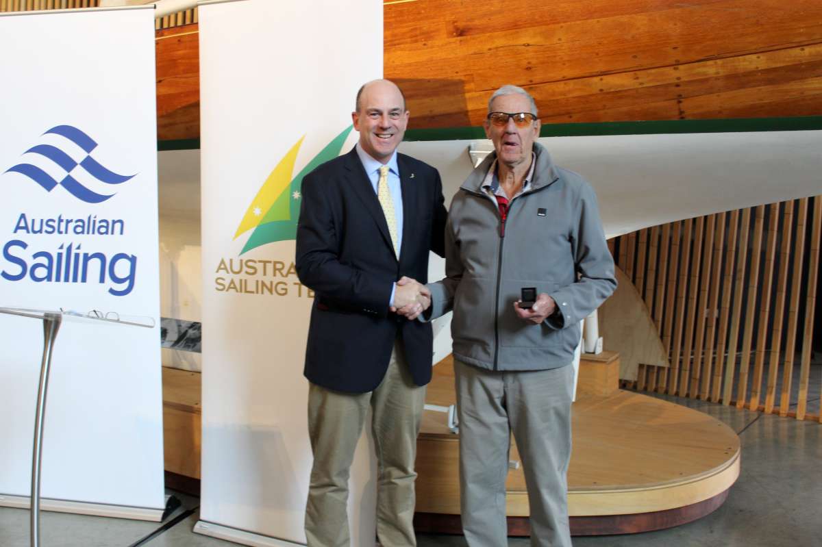 Dick Sargeant being presented with his Barranjoey Pin in 2018