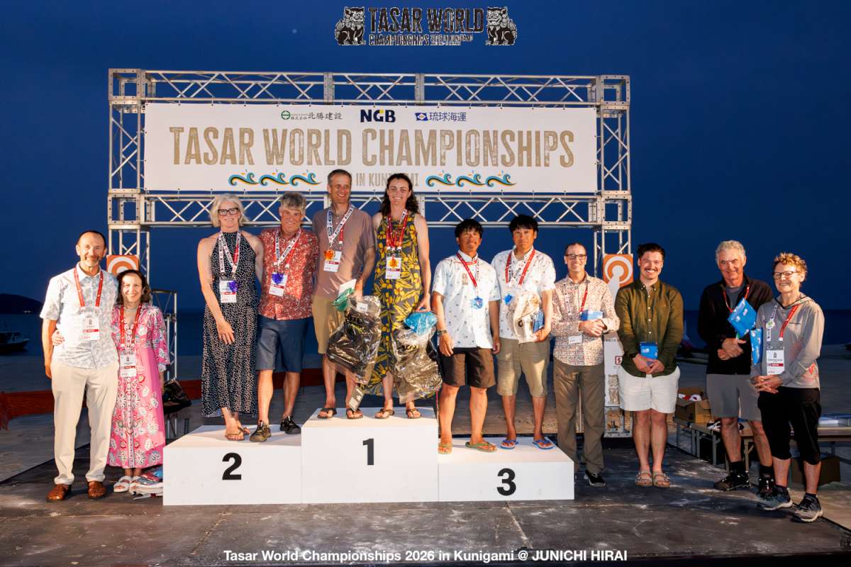 The top three teams at the Tasar World Championships 2026 - Credit Junichi Hirai