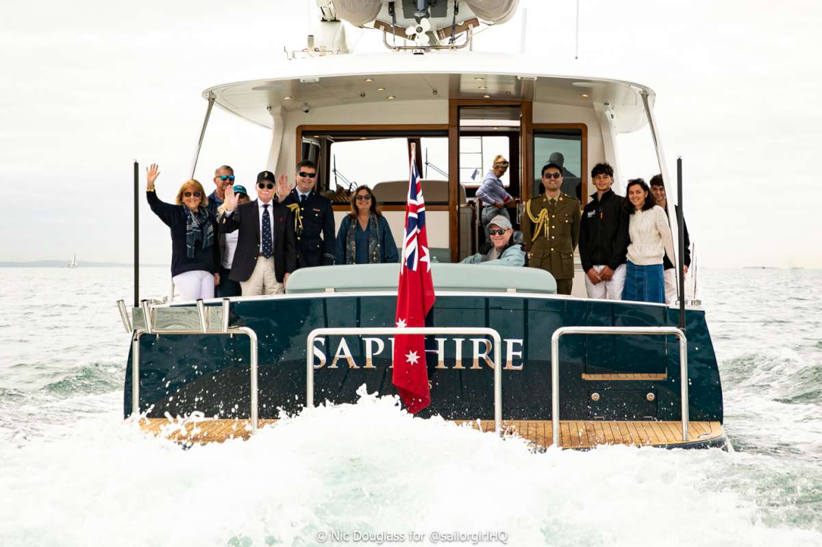 VIP Boat - Sapphire with RQYS CEO Karen Baldwin and Prof Graeme Nimmo RFD on the left - Credit - Sunset Media - @sailorgirlhq