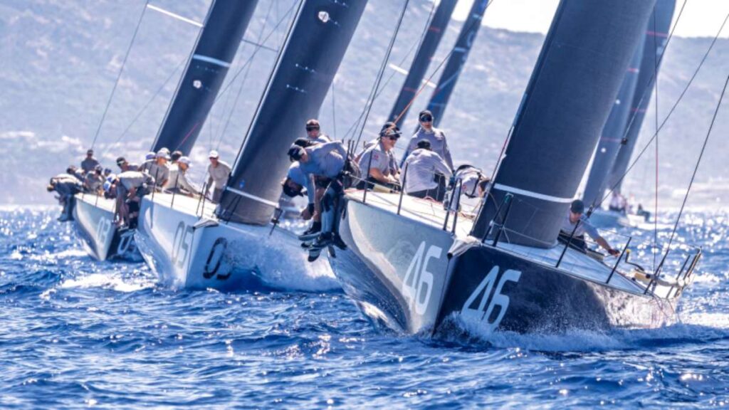 Alpha+ (bow number 46) and Sled (bow number 05), leaders in the provisional overall standings at the Rolex TP52 World Championship. Photo credit 52 Super Series-Nico Martinez
