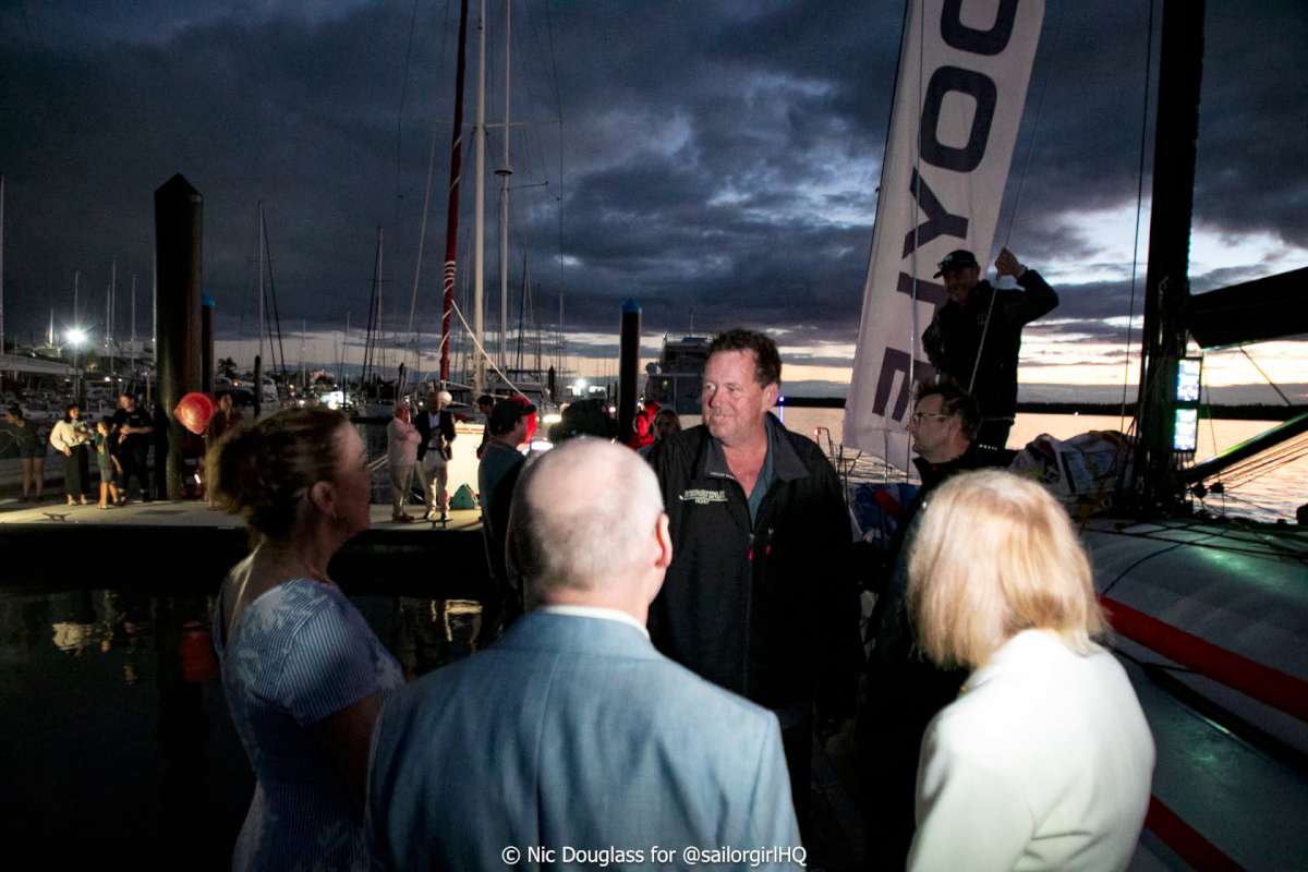 Welcoming party for Wedgetail (R-L) Her Excellency the Governor of Queensland, Dr Jeannette Young AC PSM, her husband Professor Graeme Nimmo RFD, and Bundaberg Region Mayor Helen Blackburn - Credit @sailorgirlhq