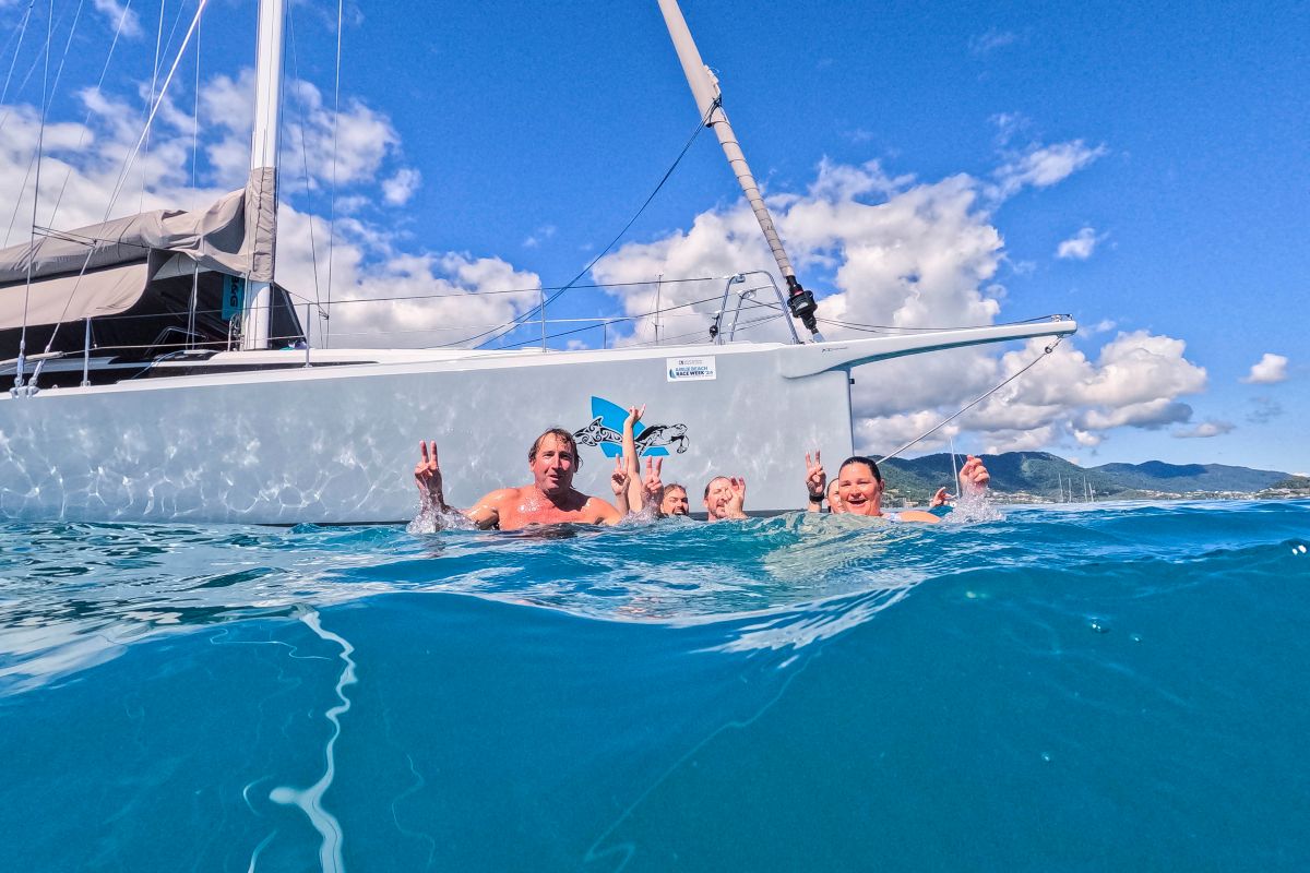 Ocean Crusaders take a dip between races waiting for breeze to fill in - Andrea Francolini, ABRW pic