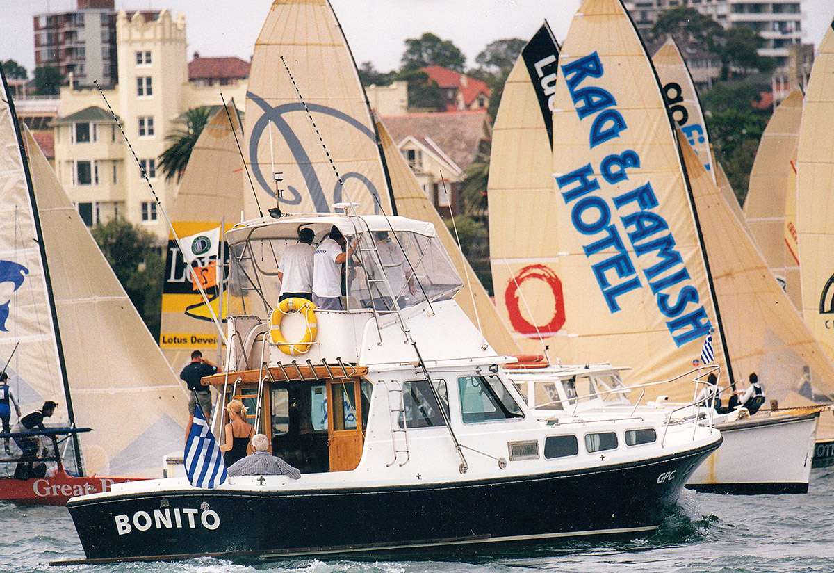George watches the start of a JJ Giltinan world championship race from 'Bonito' in 2000 (Frank Quealey)