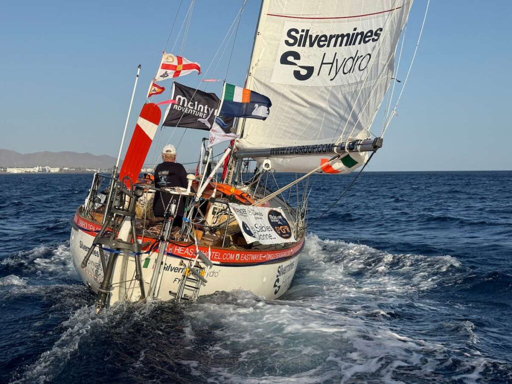 GGR 2026 Irish skipper Pat Lawless sailing his Saltram Saga 36 SILVERMINES HYDRO past Marina Rubicón, Lanzarote, during the official film-drop passage on 16 September 2026.