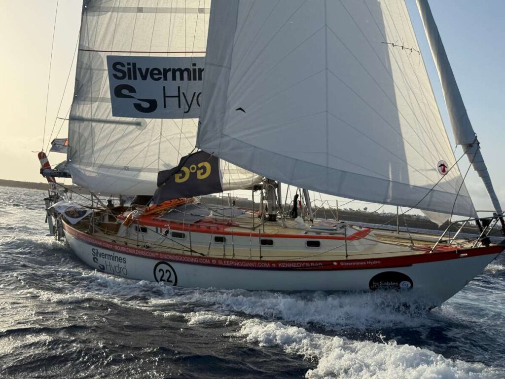 GGR 2026 Irish skipper Pat Lawless sailing his Saltram Saga 36 SILVERMINES HYDRO past Marina Rubicón, Lanzarote, during the official film-drop passage on 16 September 2026.
